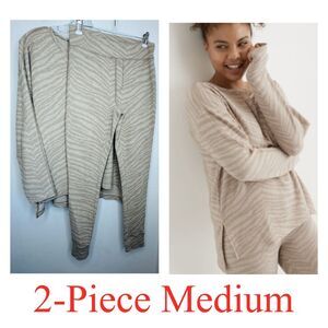 Aerie Waffle Knit Lounge Set Women’s Medium Beige Tan Quiet Luxury Animal Print